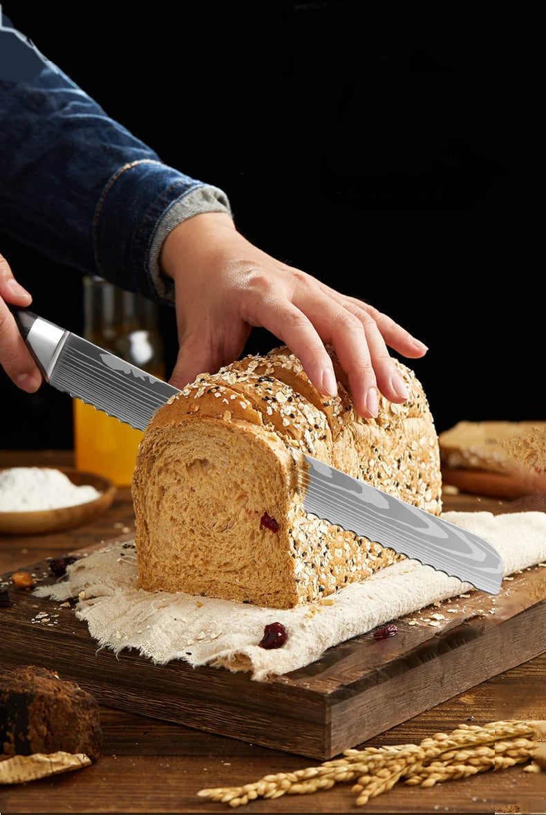 8-Inch Stainless Steel Serrated Bread Slicing Knife Pakka Wood Handle Baking Meat Cutting Cake Preparation Knives