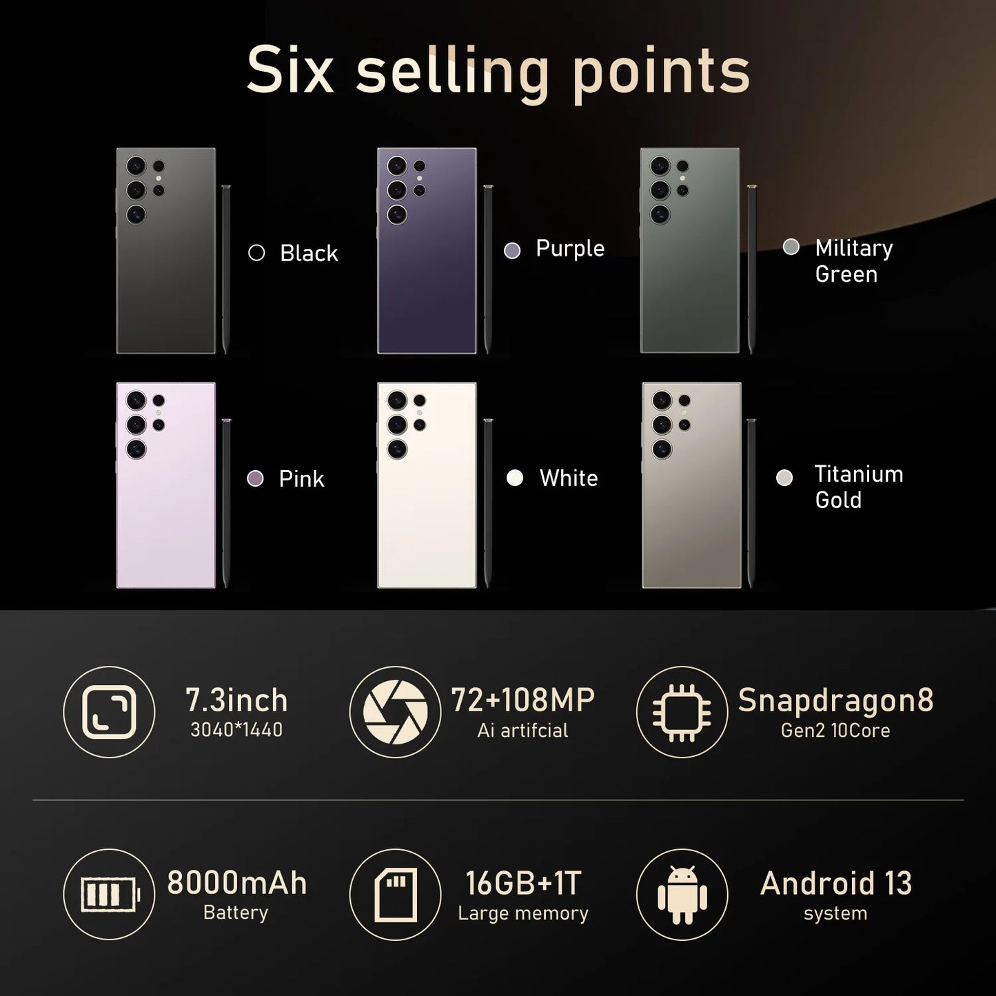 Smartphone Premium S24 ULTRA com 16GB de RAM e 1TB de armazenamento, ecrã HD, 5G LTE + CDMA, câmara traseira de 108MP, desbloqueio facial e Dual SIM.