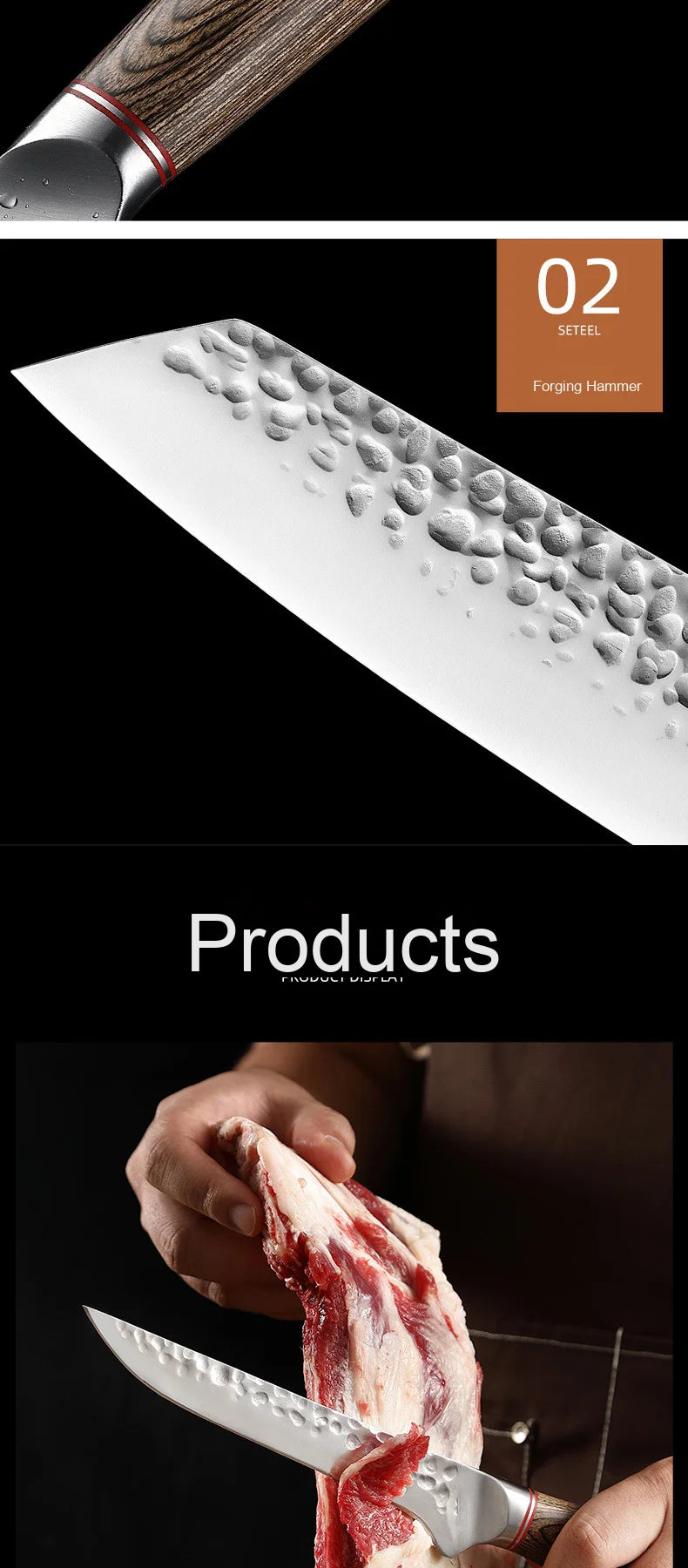 Conjunto de facas de chef de alta qualidade, faca para fruta forjada à mão e faca para corte de carne com cabo de madeira colorida.