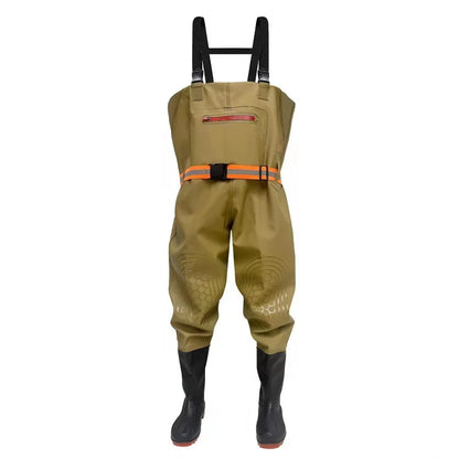 Macacão impermeável unissexo em nylon com botas de biqueira em aço, na cor verde, ideal para pesca e caça.