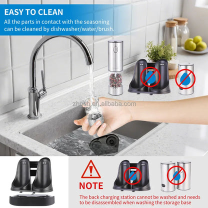 LED Light Charging Base Electric Salt and Pepper Mills Adjustable Coarseness with Variable Grinding Speed