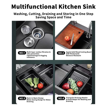 YITE Modern Square Single Bowl Flying Rain Waterfall High Pressure SPA Workstation Nano Surface Complete Kitchen Sink