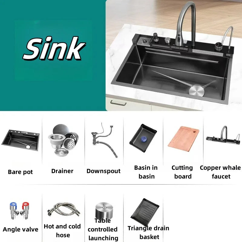 Hot Sale Anti-Scratch Multi Function Kitchen Sink Digital Double Waterfall Workstation Stainless Steel Handmade Kitchen Sink