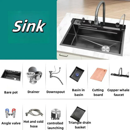 Hot Sale Anti-Scratch Multi Function Kitchen Sink Digital Double Waterfall Workstation Stainless Steel Handmade Kitchen Sink