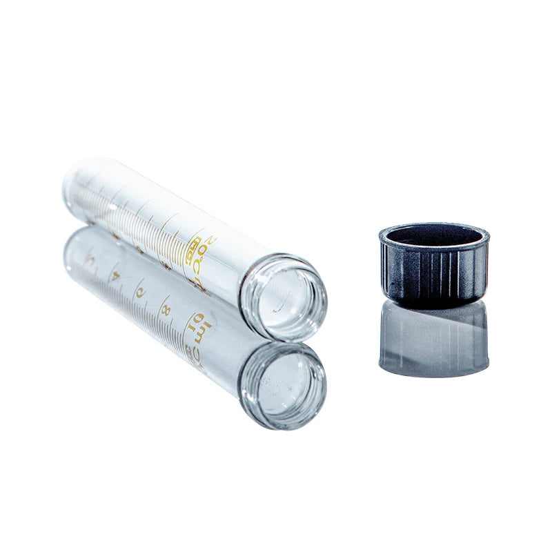 Tubo de ensaio de laboratório graduado em vidro, de fundo plano e redondo, com tampa de rosca, para 10, 15, 20 e 25 ml.