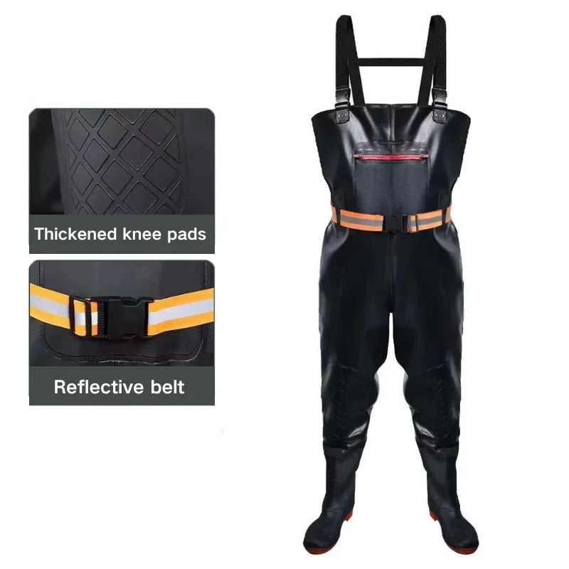 Macacão impermeável unissexo em nylon com botas de biqueira em aço, na cor verde, ideal para pesca e caça.