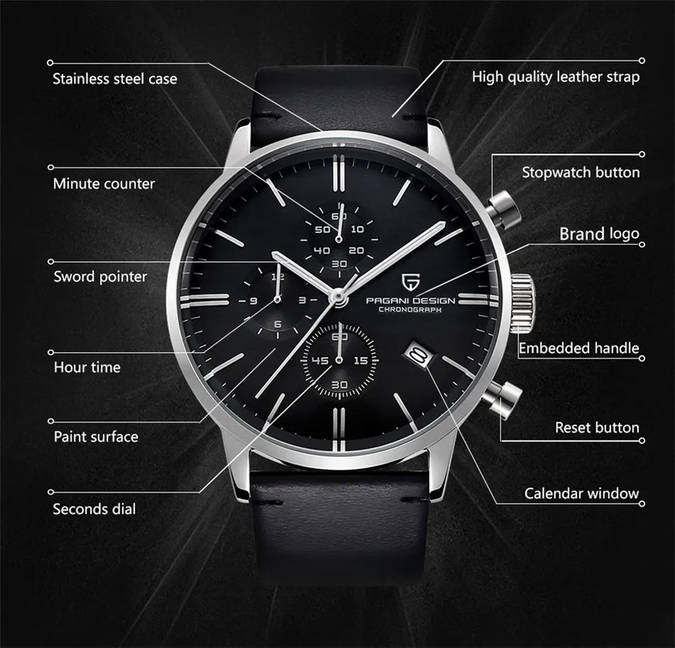 PAGANI DESIGN 2025 New Luxury Fashion Sapphire Japan VK67 Mens Watches Quartz Pointer Chronograph Waterproof Wrist Accessories