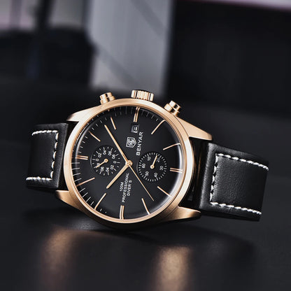 2024 New BENYAR Leather Men Quartz Wristwatches Luxury Brand 100M Waterproof Men Watch Military Sports Chronograph Watch for Men