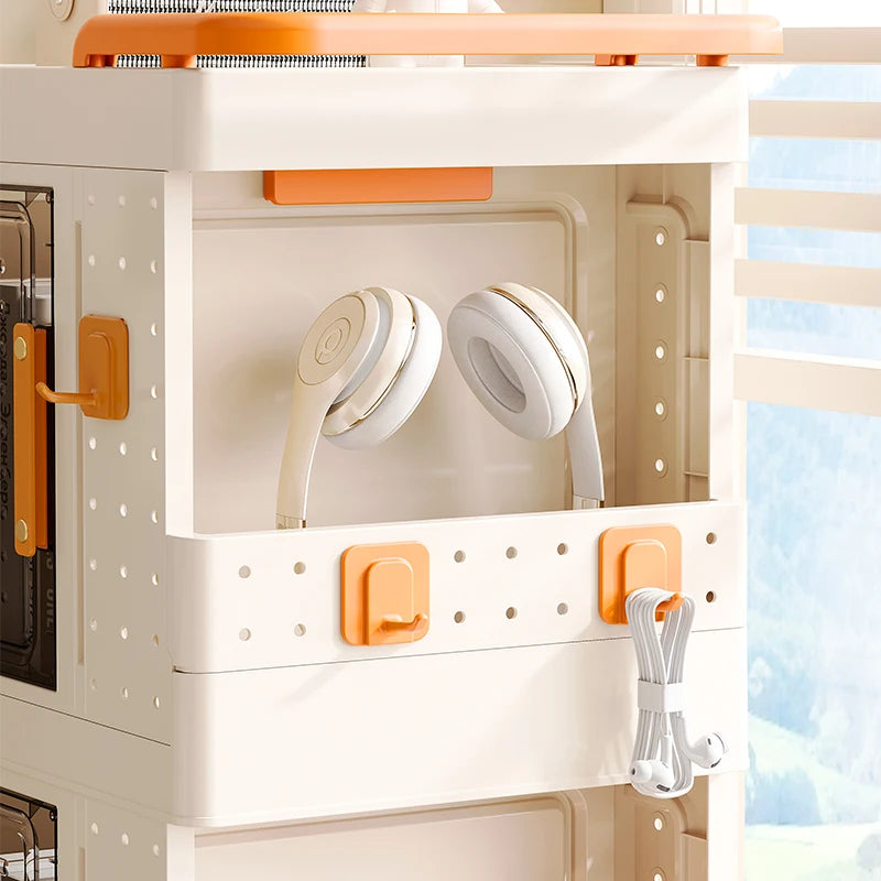 Caixa dobrável em plástico para uso doméstico, carrinho organizador para livros, brinquedos e produtos de limpeza de casas de banho. Organizador móvel e giratório. Formato retangular.