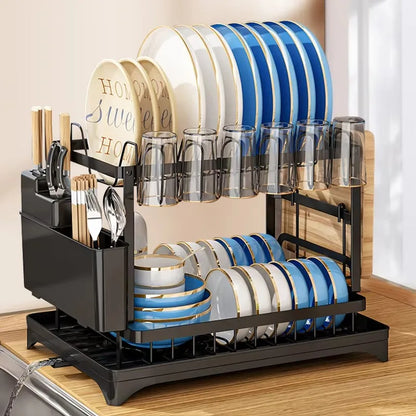 YOTO Modern Dish Rack Space-Saving 2-tier Dish Drainer Organizer Drainboard Set Folding Drying Rack Drainer Cutlery Drainer