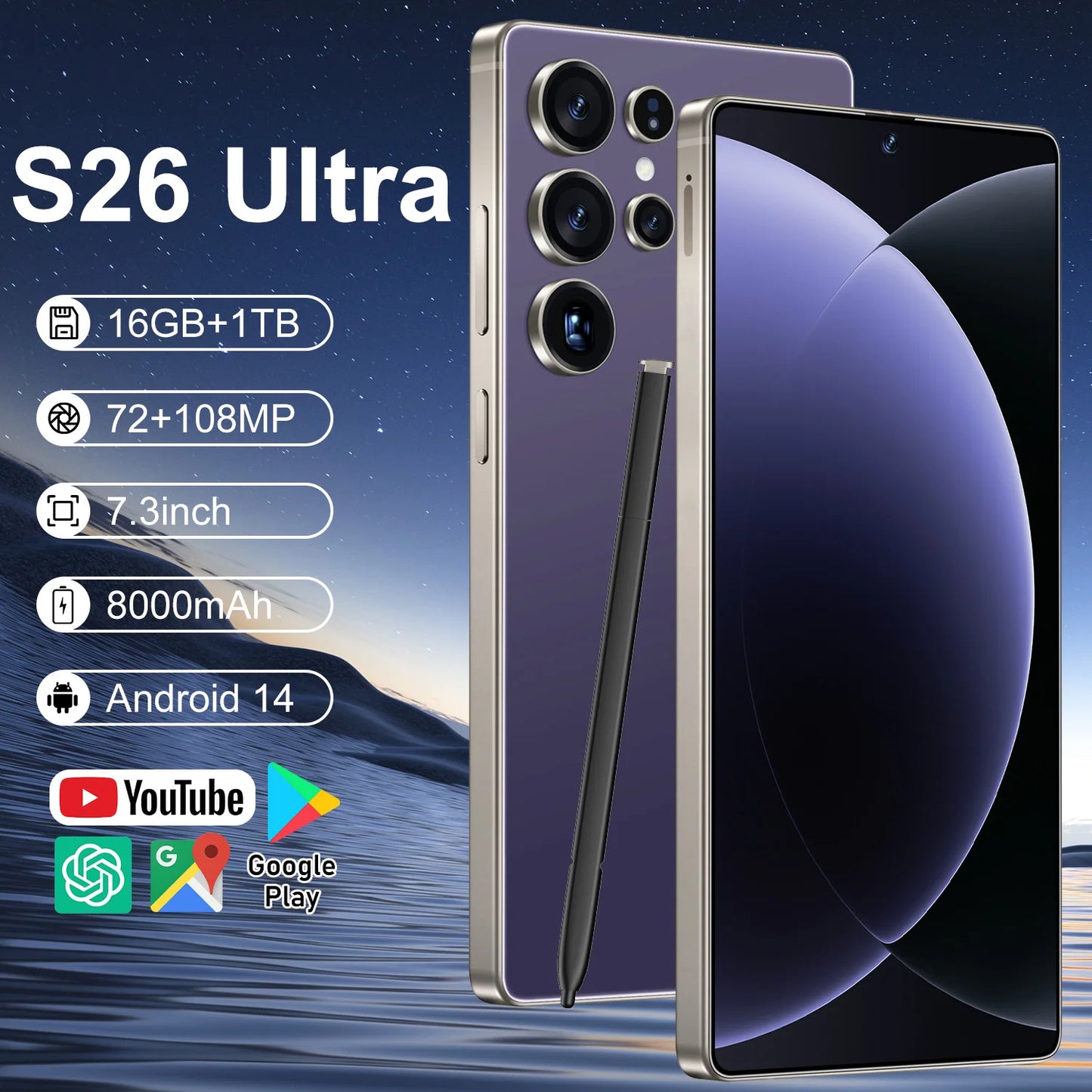 Hot Sale S26 Ultra 5G Smartphone 7.3 Inch Full HD Deca Core 16GB+1TB Memory Long Battery Life CDMA Face Unlock Wholesale Price