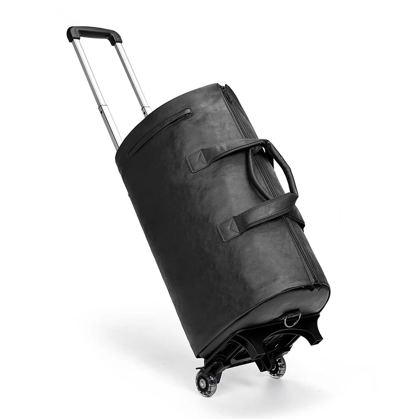Factory Wholesale Custom Wheeled Garment Trolley Suit Bag Duffle Suitcase Overnight Pu Leather Travel Duffle Bag for Men