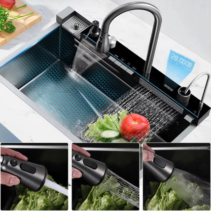 High Quality Modern Smart Multifunction Stainless Steel 304 Waterfall Sink Handmade Undermount Kitchen Counter Installation