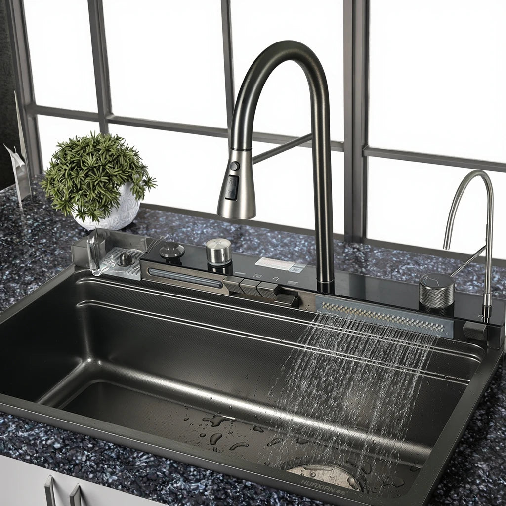 Handmade Stainless Steel Single Bowl Waterfall Sink Faucet Nano Surface with Four Holes Multifunctional Square Shape for Kitchen