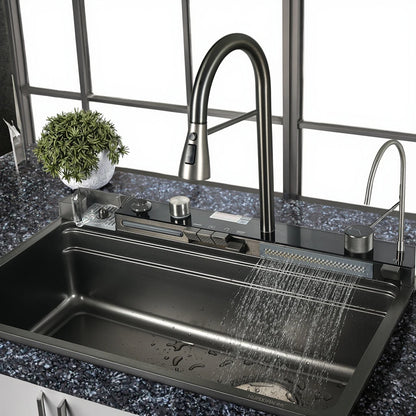 Handmade Stainless Steel Single Bowl Waterfall Sink Faucet Nano Surface with Four Holes Multifunctional Square Shape for Kitchen