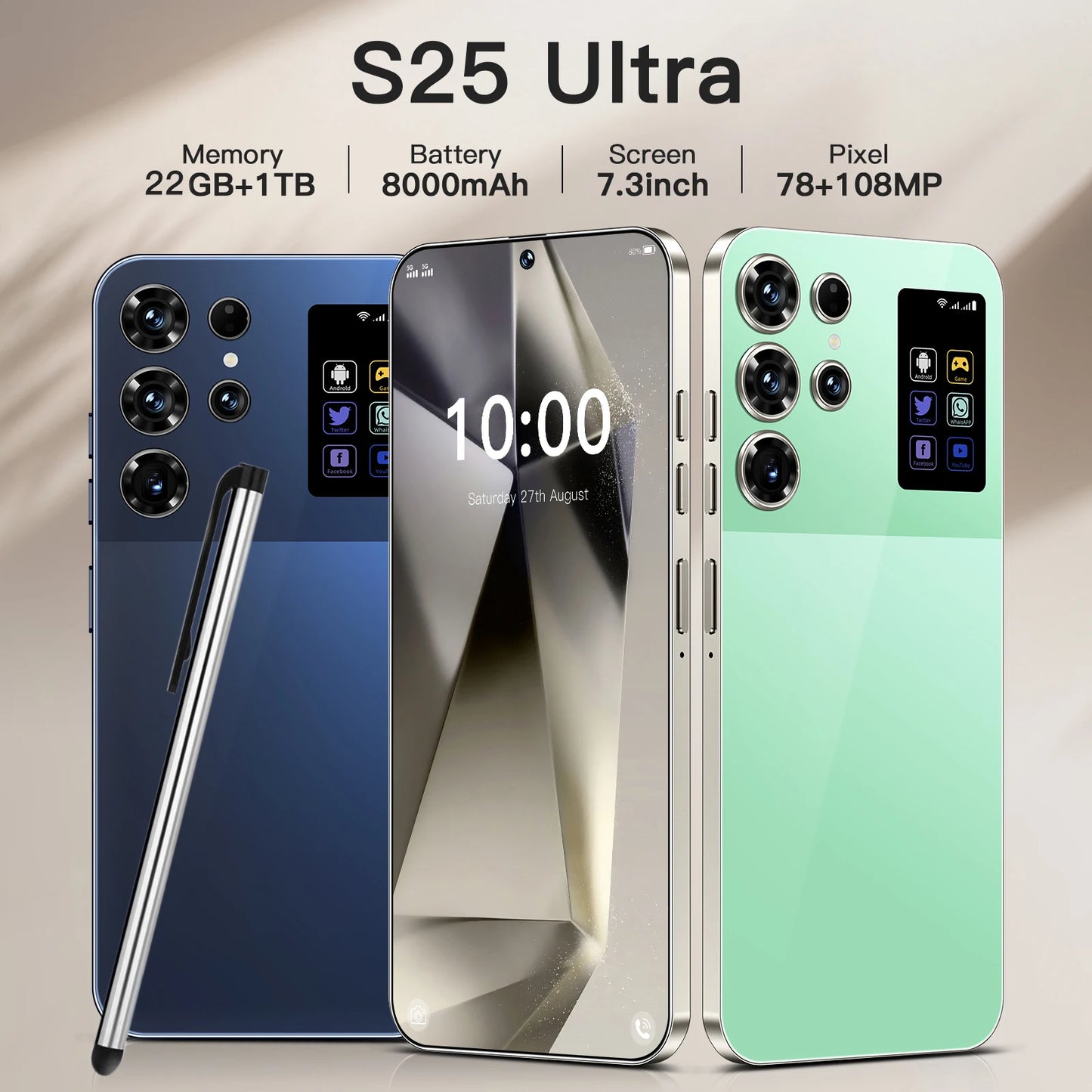 High Quality S25 Ultra Android 15 Smartphone 7.3 Inch 22GB+1TB 5G Hot Selling Unlocked Dual SIM 108MP Rear Global Wholesale