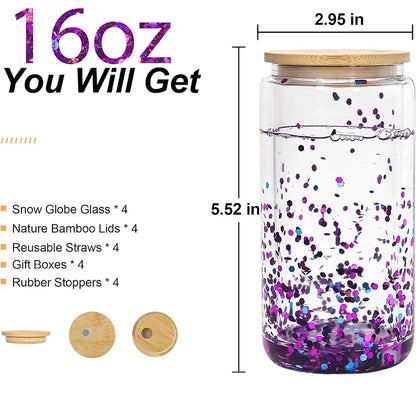 16oz Sublimation Snowglobe glassware Cup Snow Globe Water Tumbler clear Iced Coffee Mug Double Wall Beer Can Glass With Lid
