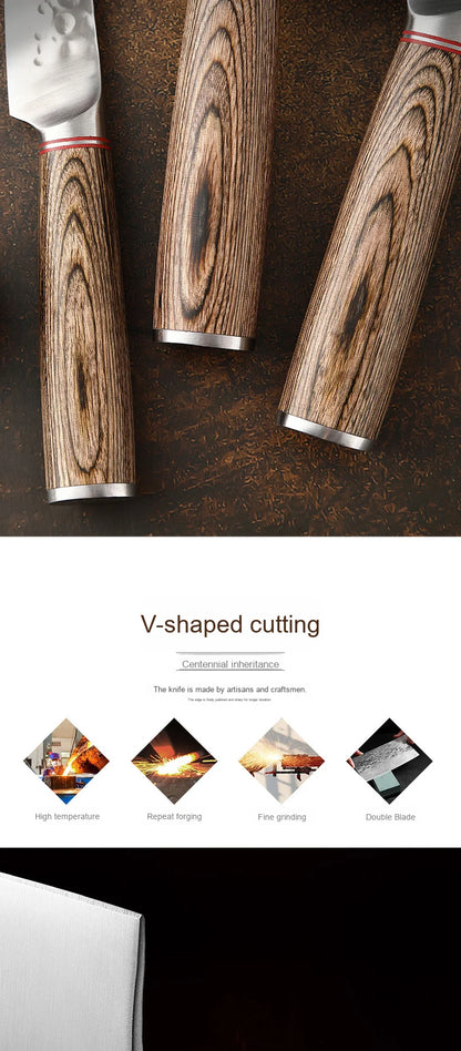 Conjunto de facas de chef de alta qualidade, faca para fruta forjada à mão e faca para corte de carne com cabo de madeira colorida.