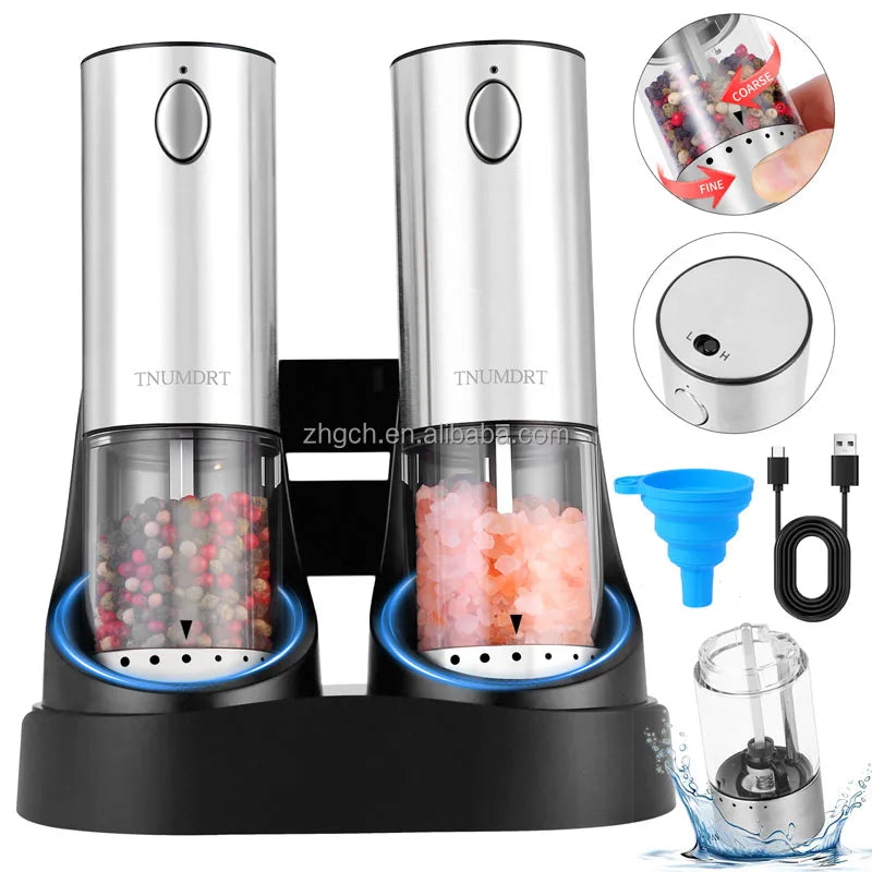 LED Light Charging Base Electric Salt and Pepper Mills Adjustable Coarseness with Variable Grinding Speed