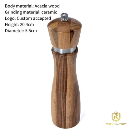 Stock Kitchen Spice Seasoning Mills 8-inch Manual Acacia Wood Salt and Pepper Grinder Wooden Set of 2 with Colour Box