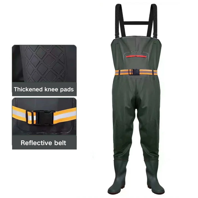 Macacão impermeável unissexo em nylon com botas de biqueira em aço, na cor verde, ideal para pesca e caça.