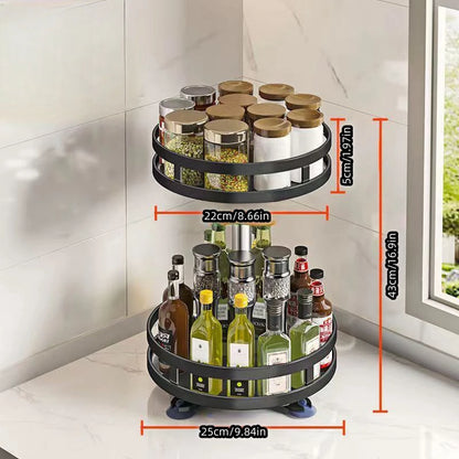 2/3 Tiers Carbon Steel Kitchen Revolving Tray Organizer 360° Rotating Turntable Spice Rack Multifunctional Home Storage Cabinet