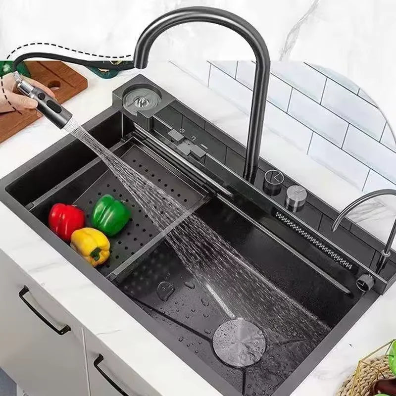 Hot Selling Sink Single Bowl Stainless Steel Handmade Kitchen With Waterfall Faucet Base Multifunctional Sink