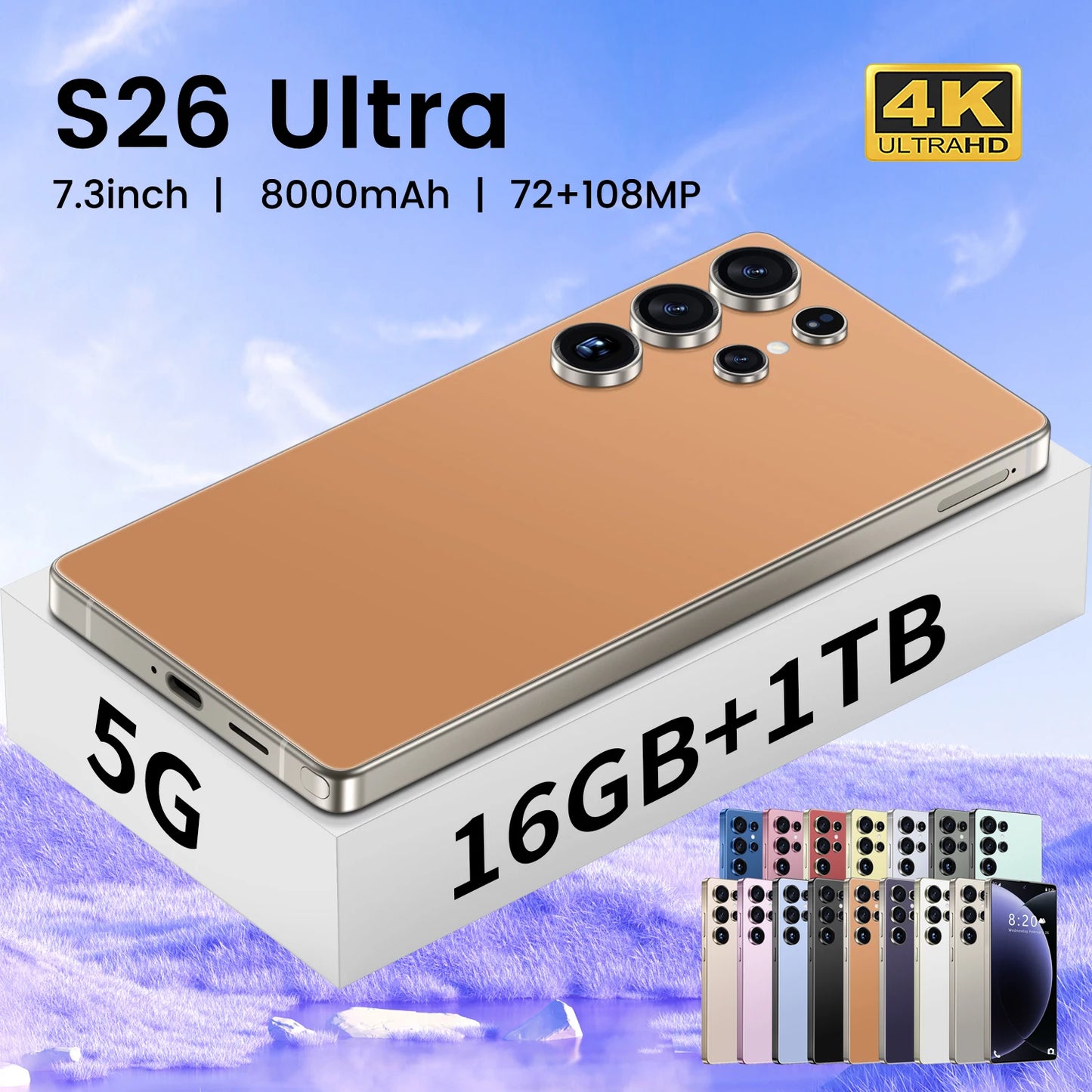 Hot Sale S26 Ultra 5G Smartphone 7.3 Inch Full HD Deca Core 16GB+1TB Memory Long Battery Life CDMA Face Unlock Wholesale Price