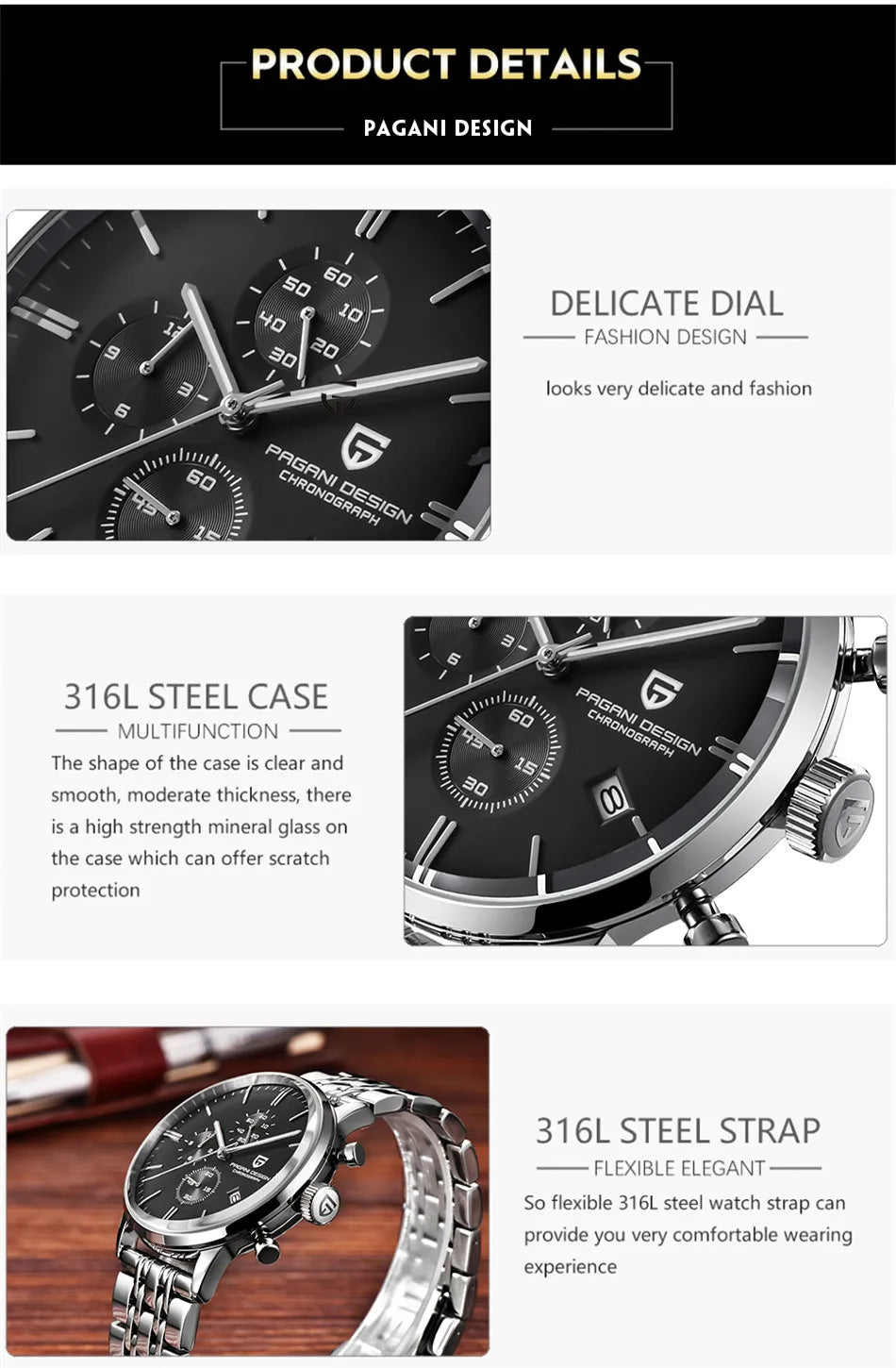 PAGANI DESIGN 2025 New Luxury Fashion Sapphire Japan VK67 Mens Watches Quartz Pointer Chronograph Waterproof Wrist Accessories