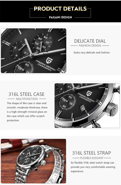 PAGANI DESIGN 2025 New Luxury Fashion Sapphire Japan VK67 Mens Watches Quartz Pointer Chronograph Waterproof Wrist Accessories