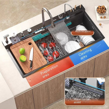 Desconto de Natal: Pia de cozinha multifuncional preta, pia grande inteligente em aço inoxidável 304 com máquina de lavar louça integrada, ideal para cozinhas de hotéis.