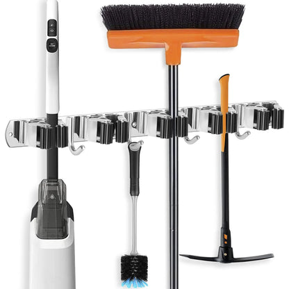 Suporte de parede autocolante em aço inoxidável para vassouras e esfregonas, com clipes e escovas para limpeza.