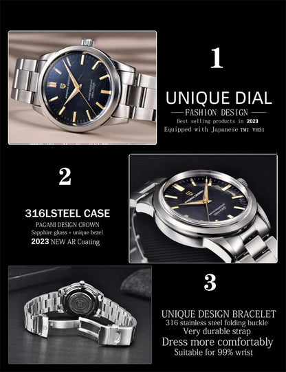 PAGANI DESIGN 40MM Meteorite dial Men Quartz Watches Luxury Business Sapphire 316L Stainless Steel 100M Waterproof Watch For Men