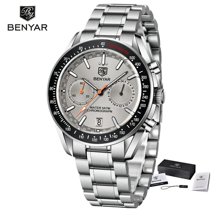 BENYAR Novo Relógio de Pulso de Luxo para Homem com Quartzo, Marca Topo, Resistente à Água até 50M, Bracelete em Aço Inoxidável, Relógio Cronógrafo Casual para Homem