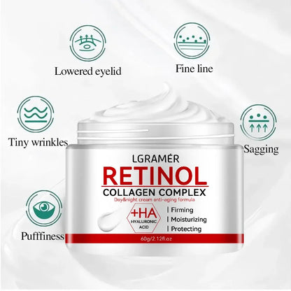 Creme facial refirmante com retinol e colagénio para suavizar as rugas, hidratar, clarear e iluminar a pele.