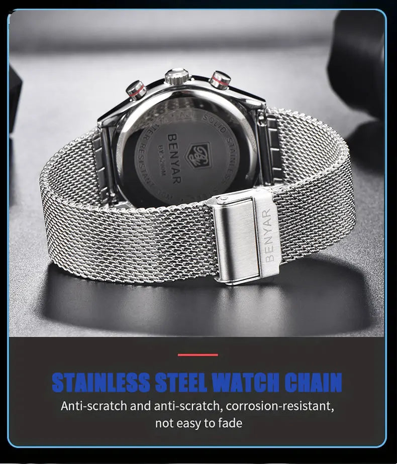 Benyar Men's Quartz Watch Simple Design Waterproof Chronograph Sports Watch Luminous Timer Stopwatch Business Wristwatch For Man