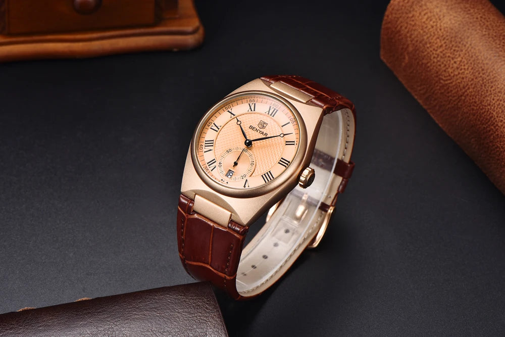 BENYAR Men's Watches Retro Dial Quartz Watch For Men Luxury 40MM Military Leather Original Watches Waterproof Clock Reloj Hombre