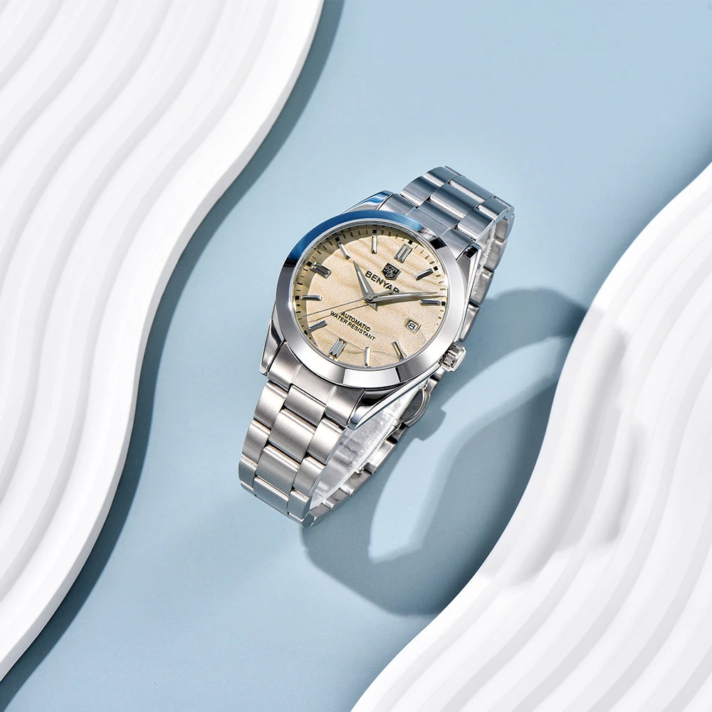 BENYAR 2024 New 40MM Desert Texture Luxury Men's Night Light Stainless Steel Men's Automatic Mechanical Watches BY-5208 Reloj