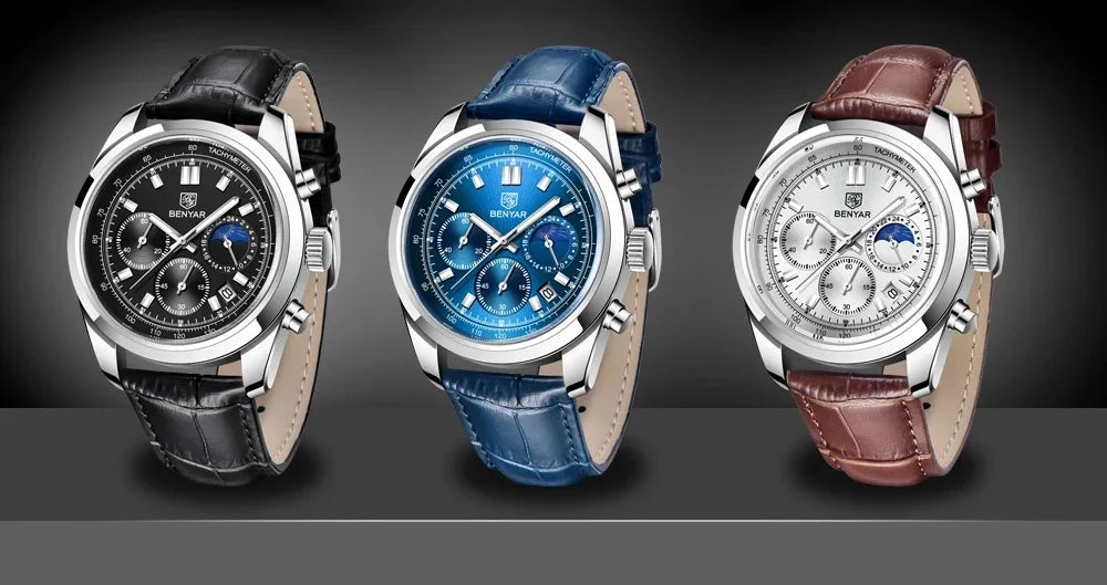 BENYAR New Men Watch 30ATM Waterproof Stainless Steel Quartz Wristwatches Luxury Leather Military Chronograph Watch reloj hombre