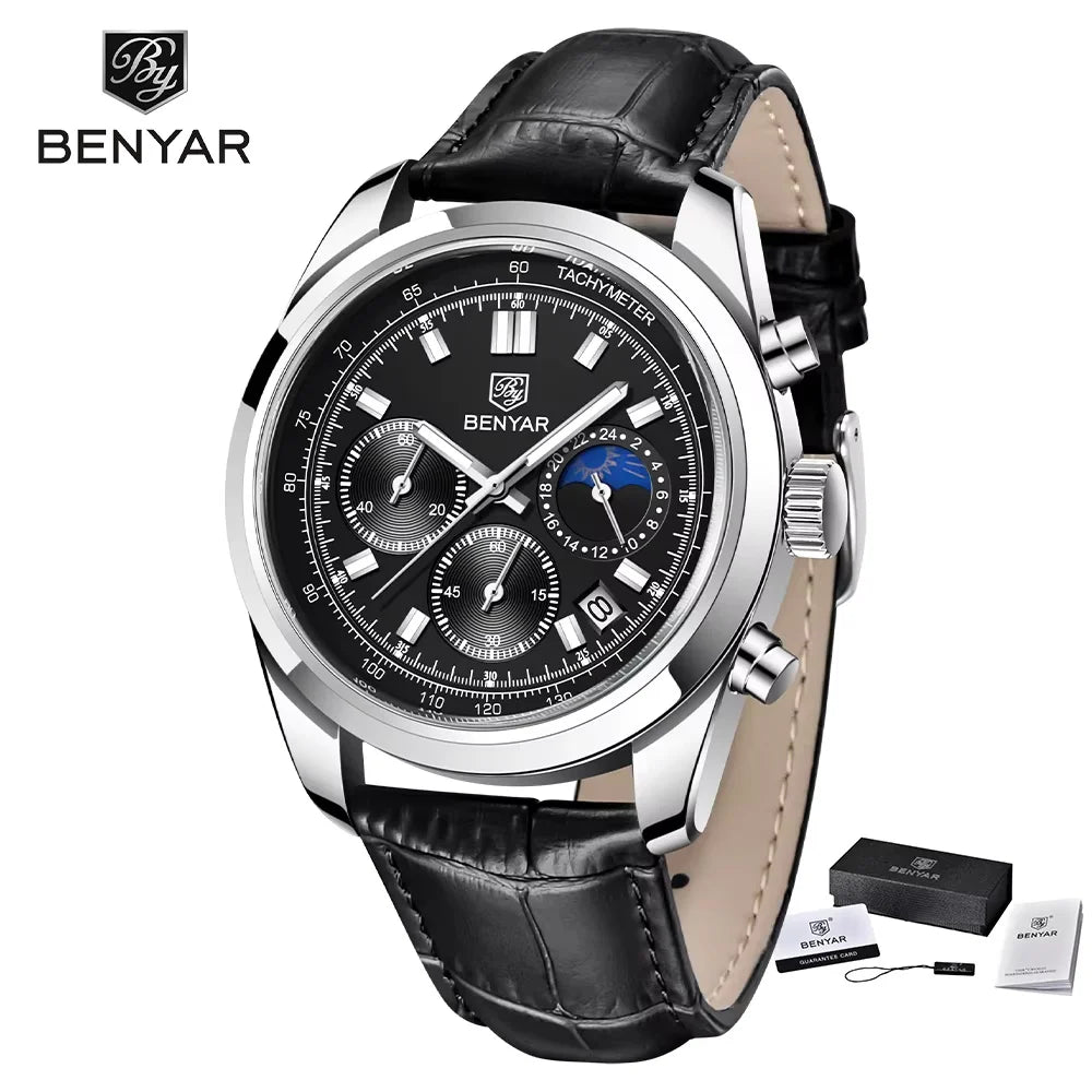 BENYAR New Men Watch 30ATM Waterproof Stainless Steel Quartz Wristwatches Luxury Leather Military Chronograph Watch reloj hombre