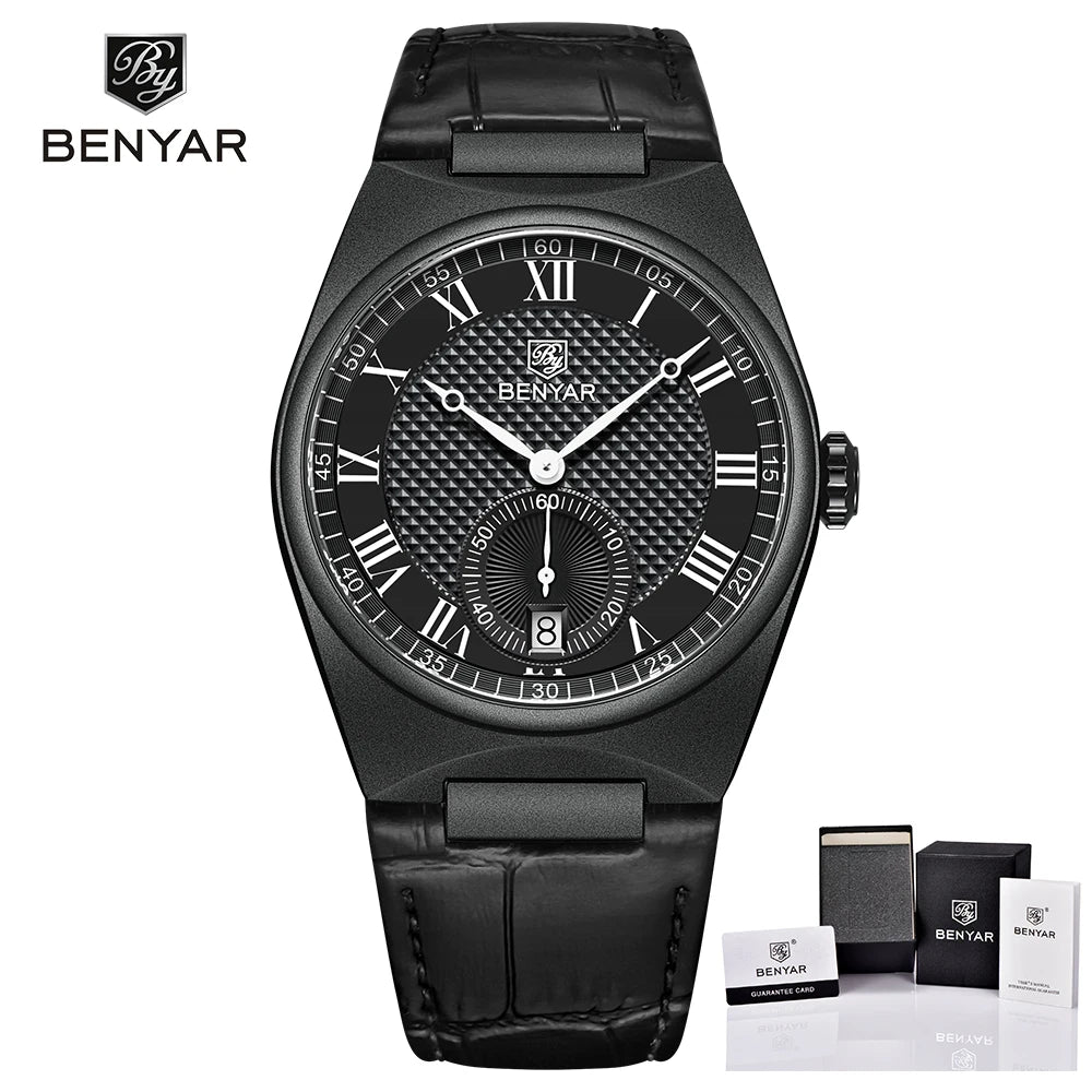 BENYAR Men's Watches Retro Dial Quartz Watch For Men Luxury 40MM Military Leather Original Watches Waterproof Clock Reloj Hombre