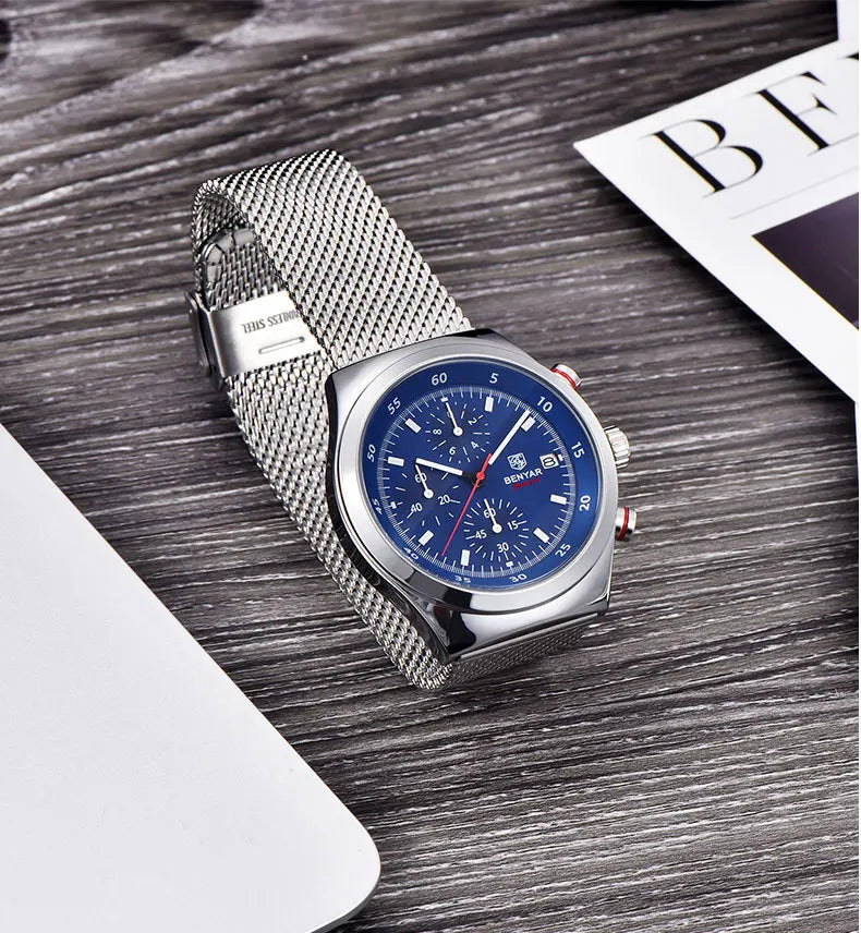 Benyar Men's Quartz Watch Simple Design Waterproof Chronograph Sports Watch Luminous Timer Stopwatch Business Wristwatch For Man