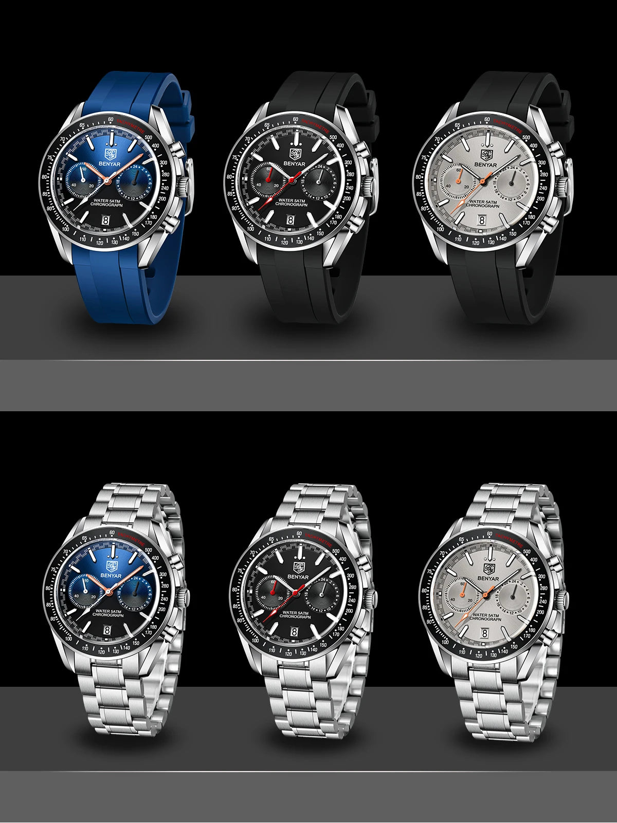 BENYAR Novo Relógio de Pulso de Luxo para Homem com Quartzo, Marca Topo, Resistente à Água até 50M, Bracelete em Aço Inoxidável, Relógio Cronógrafo Casual para Homem