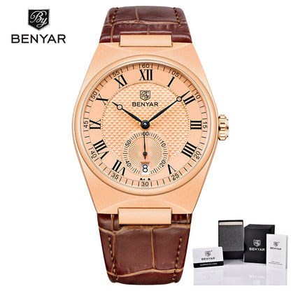 BENYAR Men's Watches Retro Dial Quartz Watch For Men Luxury 40MM Military Leather Original Watches Waterproof Clock Reloj Hombre