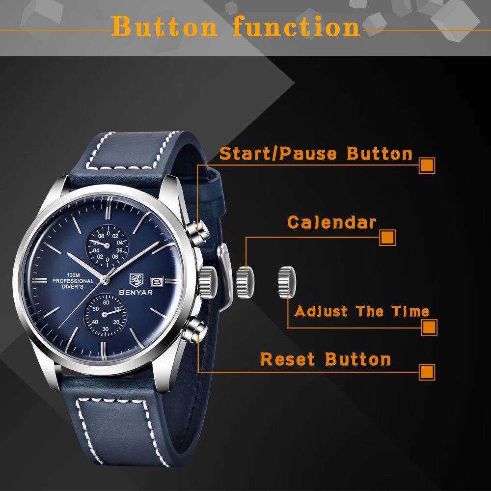 2024 New BENYAR Leather Men Quartz Wristwatches Luxury Brand 100M Waterproof Men Watch Military Sports Chronograph Watch for Men