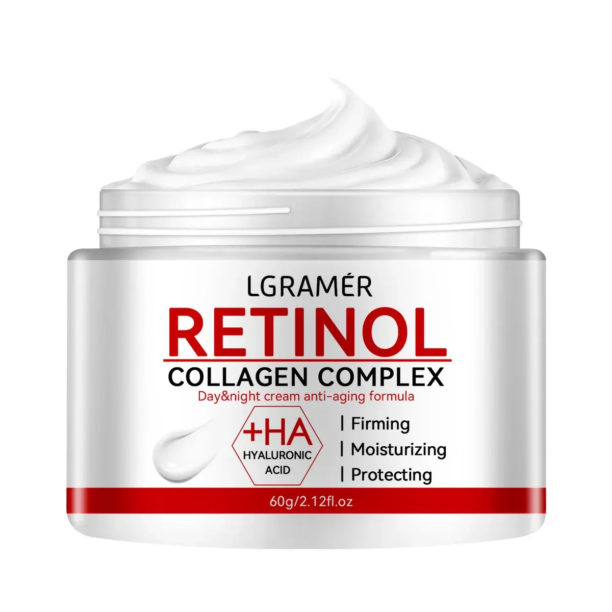 Creme facial refirmante com retinol e colagénio para suavizar as rugas, hidratar, clarear e iluminar a pele.