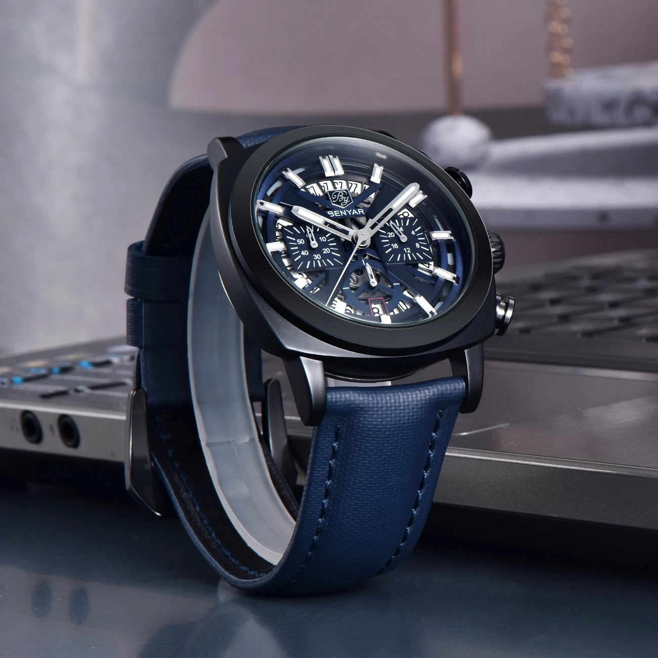 Relógio Benyar Design 2024 para homem, quartzo, 43 mm, mostrador luminoso, resistente à água até 50 m, anti-reflexo, cronógrafo, moderno e novo.