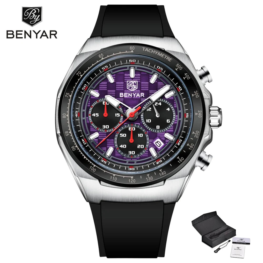 BENYAR 2025 44MM Multi functional Complex Luxury Men Quartz Watches Waterproof Stainless Steel Men Chronograph Gift With Box