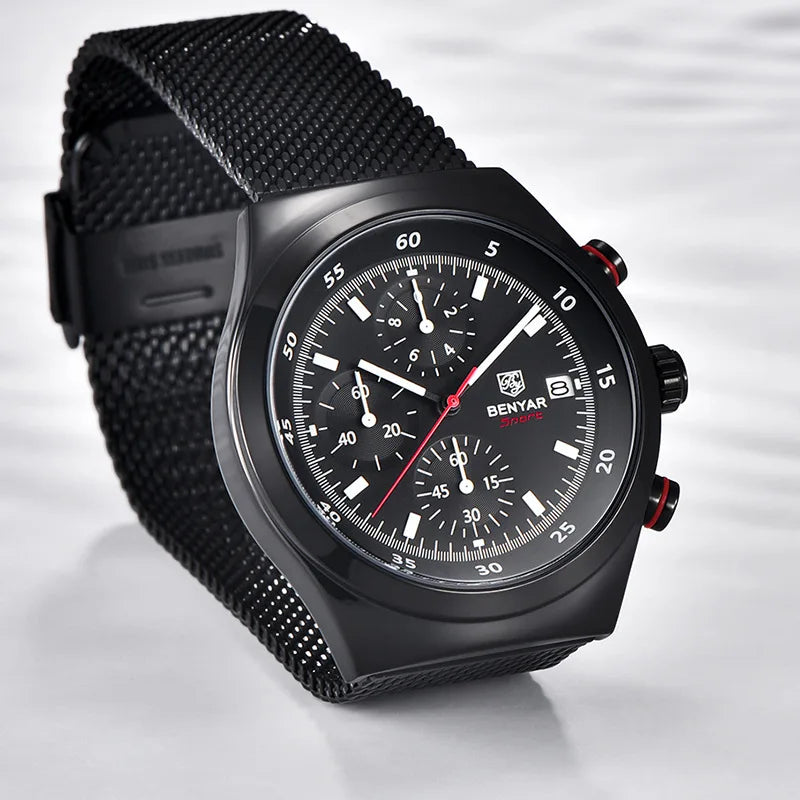 Benyar Men's Quartz Watch Simple Design Waterproof Chronograph Sports Watch Luminous Timer Stopwatch Business Wristwatch For Man