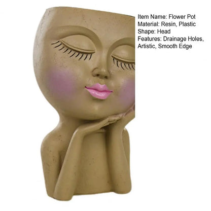 Face Flower Pot Sleeping Beauty Smooth Edge Human Head Planter Decorative Artistic Resin Drainage Plant Pot For Garden